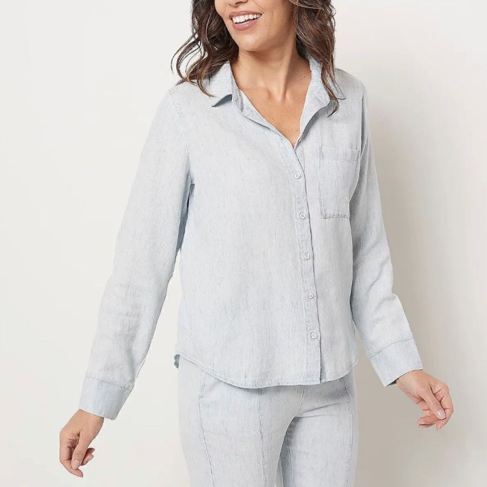 Side Stitch Soft Textured Tencel Pleated Back Shirt